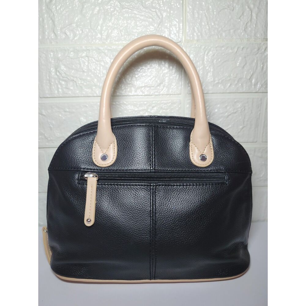 Tignanello Dome Satchel Black Tan Leather Silver Top Handle Classic Pebbled